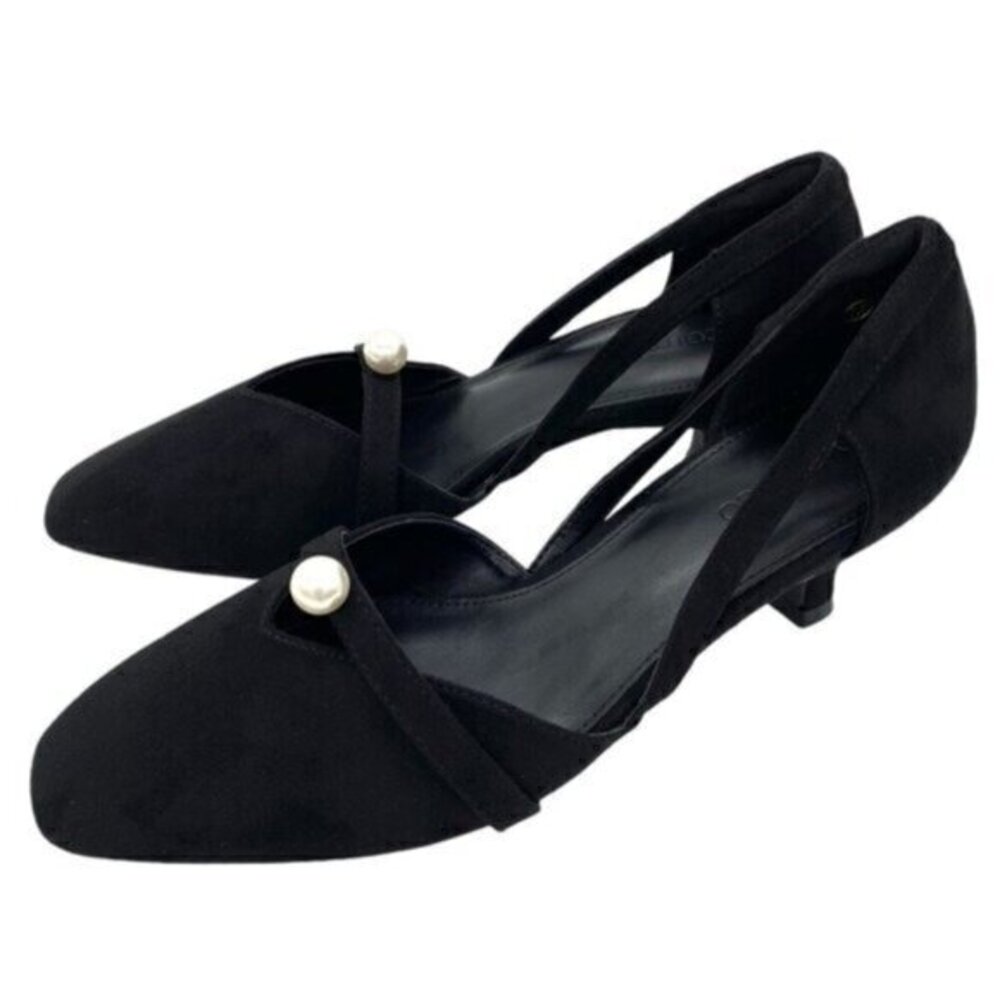 Coutgo Womens Kitten Heel Square Toe Black Faux Suede Pearl Accent